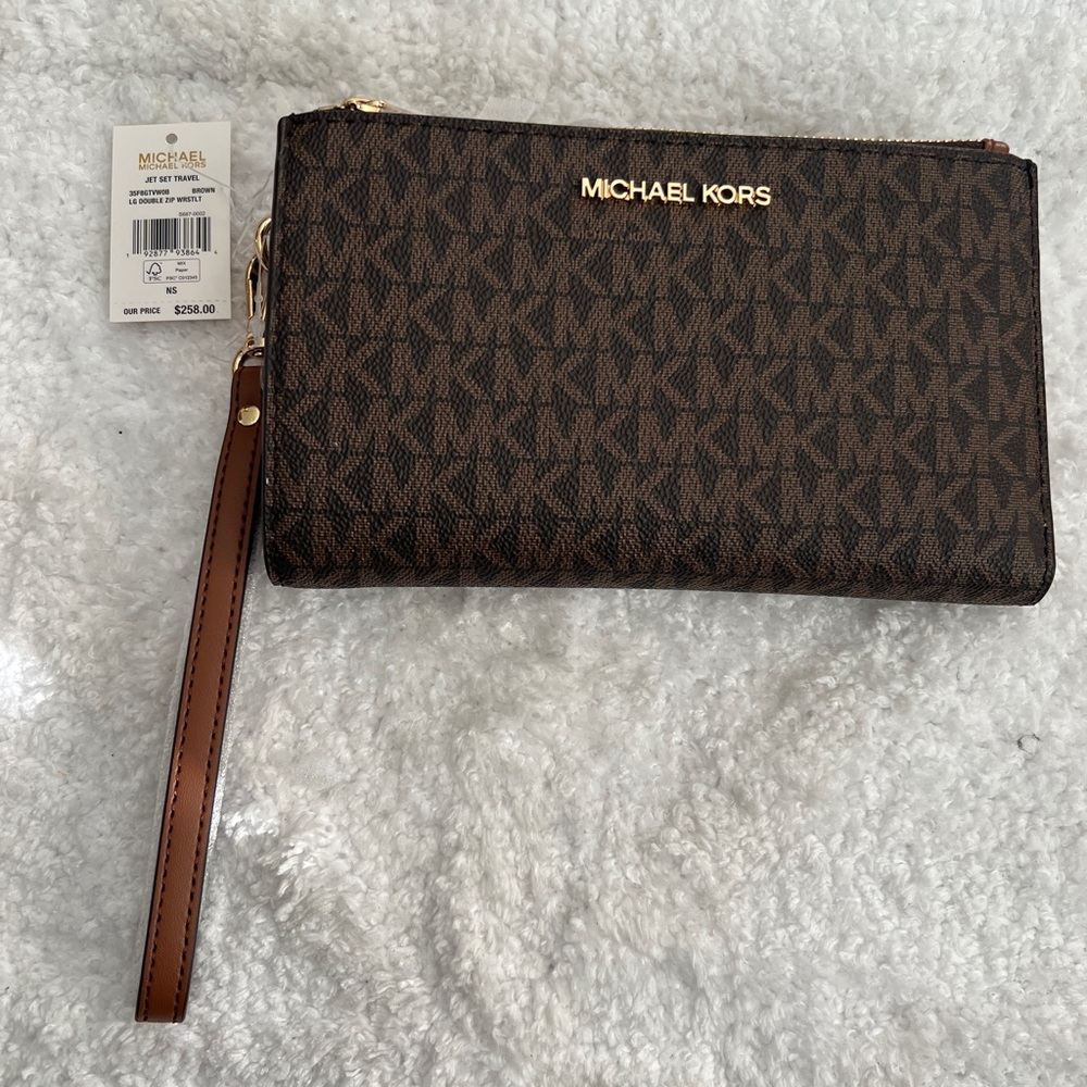 Michael Kors Jet Set Large Double Zip Brown Wristlet.